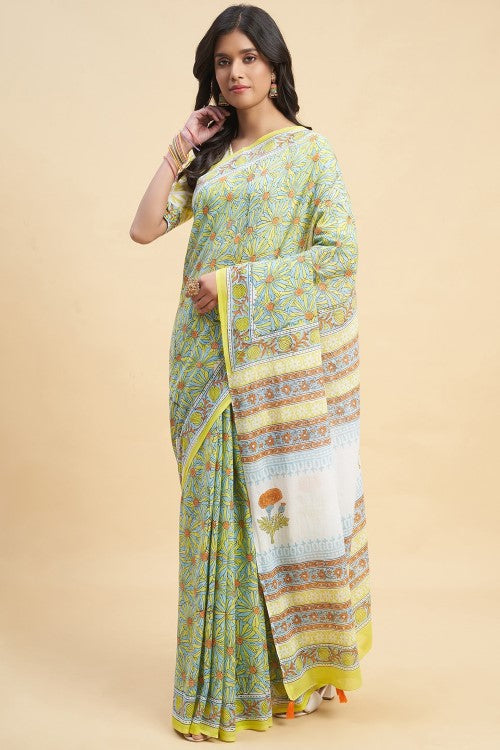 Sooti Syahi "Daffodil Yellow" Handblock Print Mul Cotton Saree - Image 2