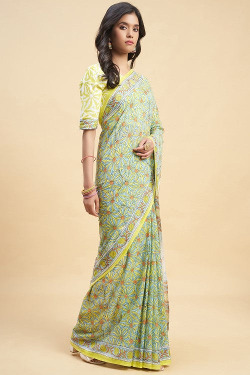 Sooti Syahi "Daffodil Yellow" Handblock Print Mul Cotton Saree - Image 3