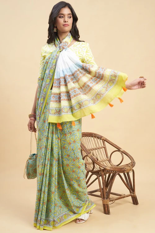 Sooti Syahi "Daffodil Yellow" Handblock Print Mul Cotton Saree - Image 4