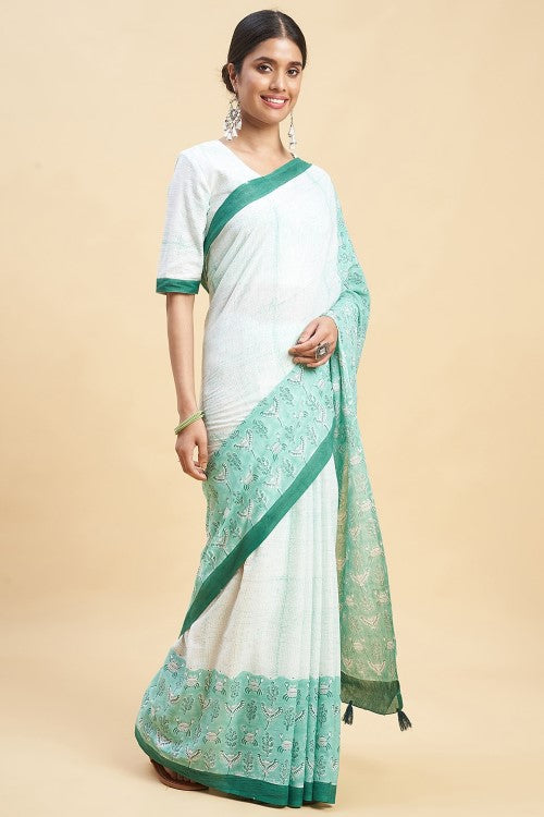 Sooti Syahi "Fiddler Green Crab'' Block Printed Cotton Saree