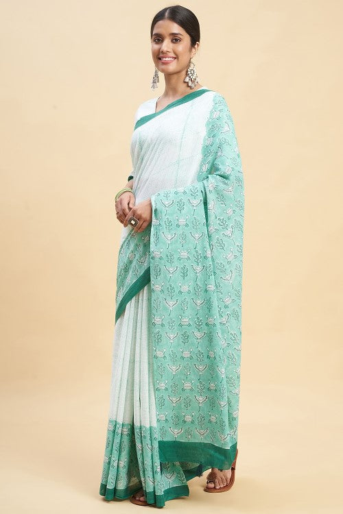 Sooti Syahi "Fiddler Green Crab'' Block Printed Cotton Saree - Image 2