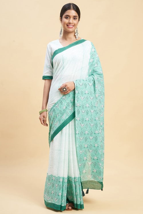 Sooti Syahi "Fiddler Green Crab'' Block Printed Cotton Saree - Image 3