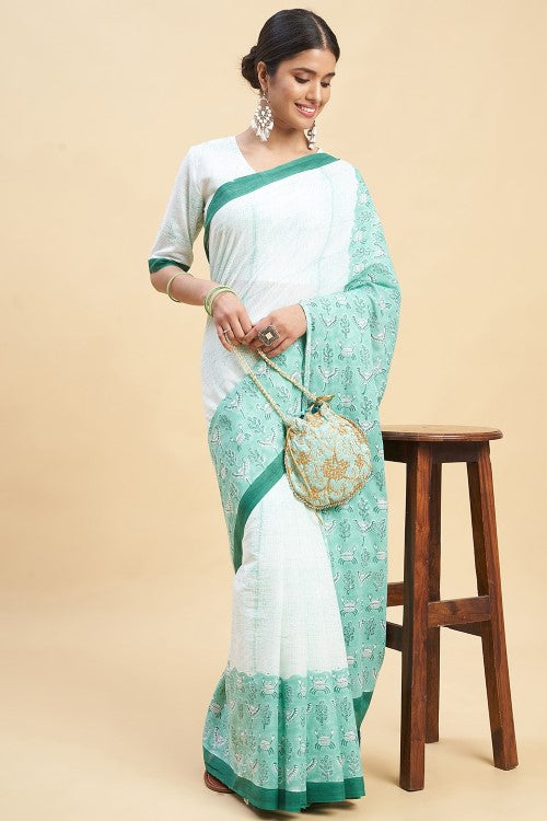 Sooti Syahi "Fiddler Green Crab'' Block Printed Cotton Saree - Image 4