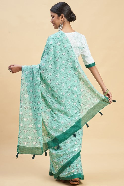 Sooti Syahi "Fiddler Green Crab'' Block Printed Cotton Saree - Image 5