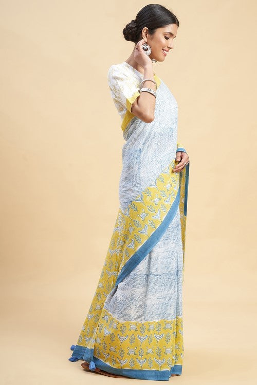 Sooti Syahi "Fiddler Mustered Crab'' Block Printed Cotton Saree - Image 3