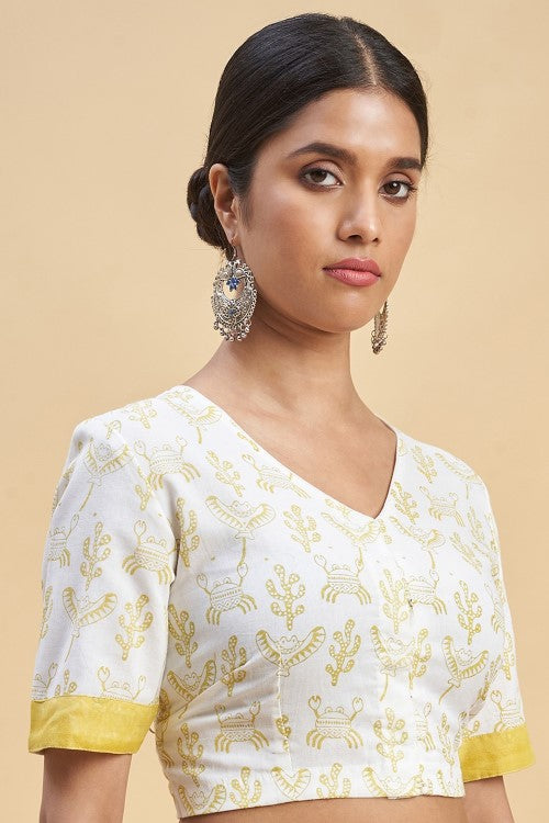 Sooti Syahi "Fiddler Mustered Crab'' Block Printed Cotton Saree - Image 6