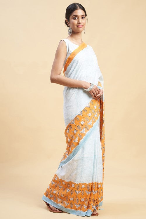 Sooti Syahi "Fiddler Orange Crab'' Block Printed Cotton Saree