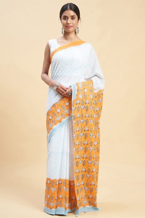 Sooti Syahi "Fiddler Orange Crab'' Block Printed Cotton Saree - Image 2