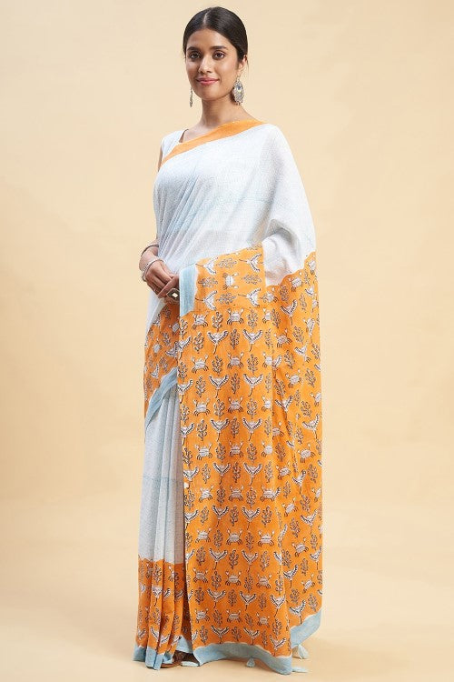 Sooti Syahi "Fiddler Orange Crab'' Block Printed Cotton Saree - Image 3