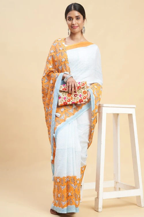 Sooti Syahi "Fiddler Orange Crab'' Block Printed Cotton Saree - Image 4