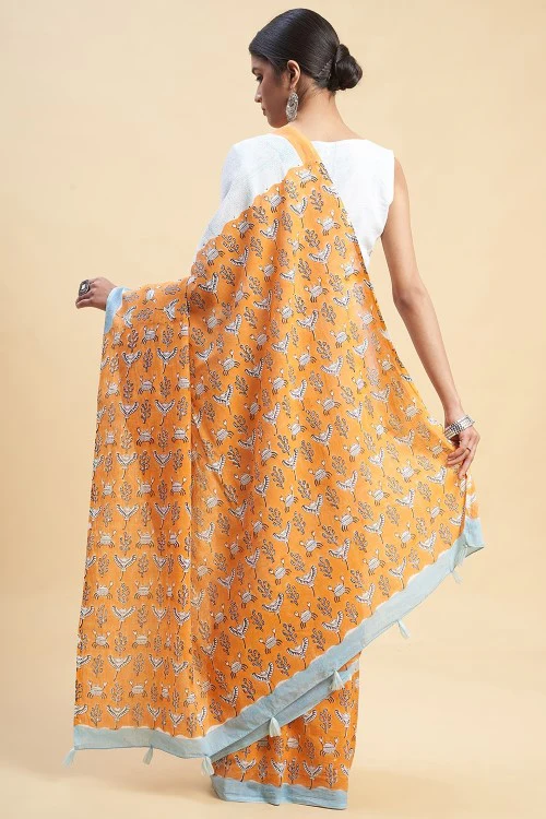 Sooti Syahi "Fiddler Orange Crab'' Block Printed Cotton Saree - Image 5