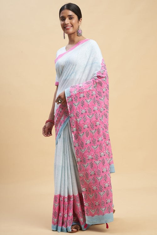Sooti Syahi "Fiddler Pink Crab" Block Printed Cotton Saree