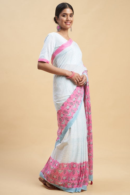 Sooti Syahi "Fiddler Pink Crab" Block Printed Cotton Saree - Image 3