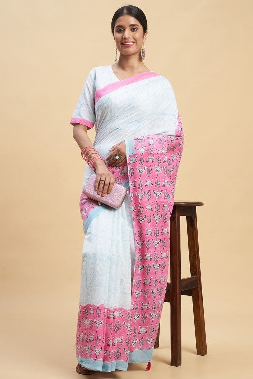 Sooti Syahi "Fiddler Pink Crab" Block Printed Cotton Saree - Image 4