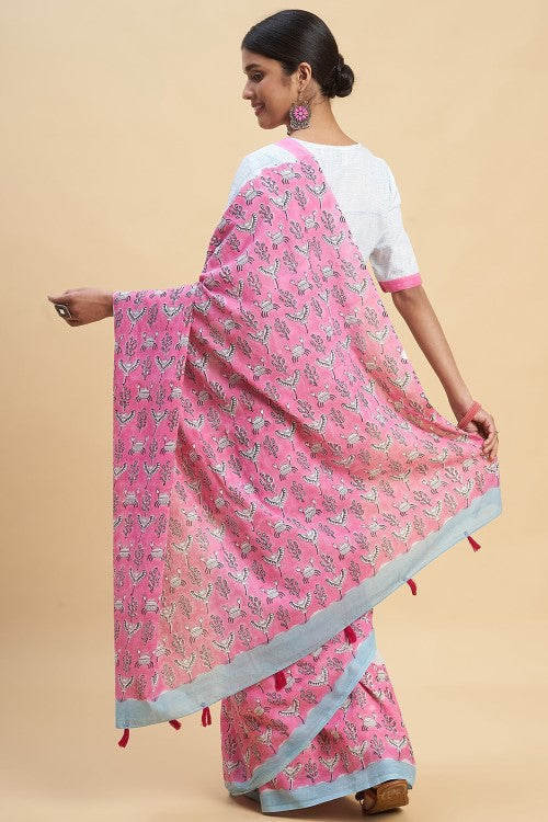 Sooti Syahi "Fiddler Pink Crab" Block Printed Cotton Saree - Image 5