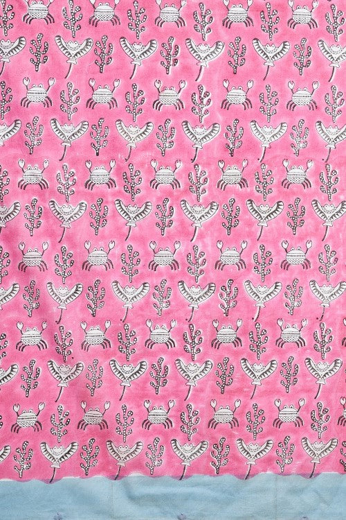 Sooti Syahi "Fiddler Pink Crab" Block Printed Cotton Saree - Image 7