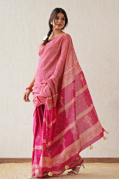 Sooti Syahi ' Gilded Folklore' Hand Block Mul Cotton Saree