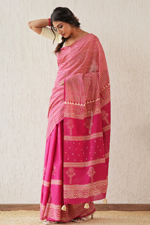 Sooti Syahi ' Gilded Folklore' Hand Block Mul Cotton Saree - Image 10