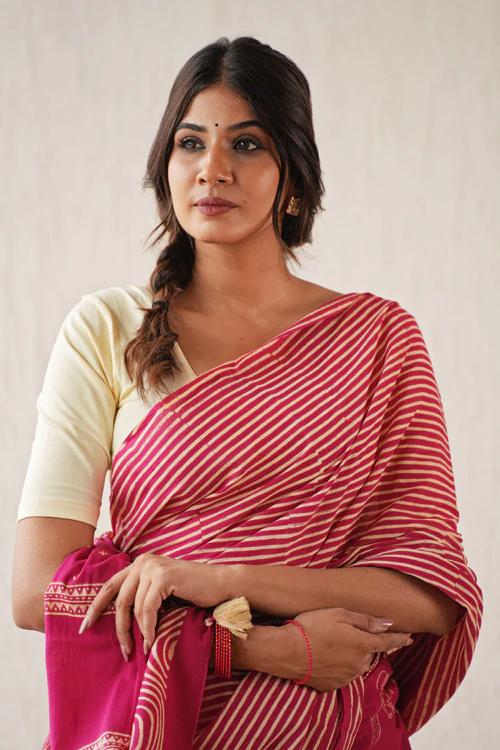 Sooti Syahi ' Gilded Folklore' Hand Block Mul Cotton Saree - Image 3