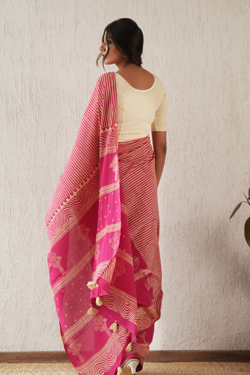 Sooti Syahi ' Gilded Folklore' Hand Block Mul Cotton Saree - Image 5