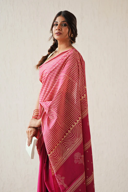 Sooti Syahi ' Gilded Folklore' Hand Block Mul Cotton Saree - Image 6