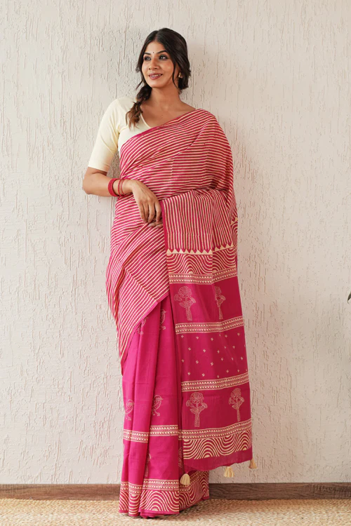 Sooti Syahi ' Gilded Folklore' Hand Block Mul Cotton Saree - Image 7