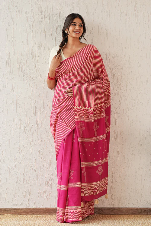 Sooti Syahi ' Gilded Folklore' Hand Block Mul Cotton Saree - Image 8