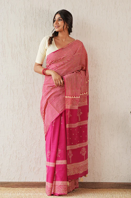 Sooti Syahi ' Gilded Folklore' Hand Block Mul Cotton Saree - Image 9