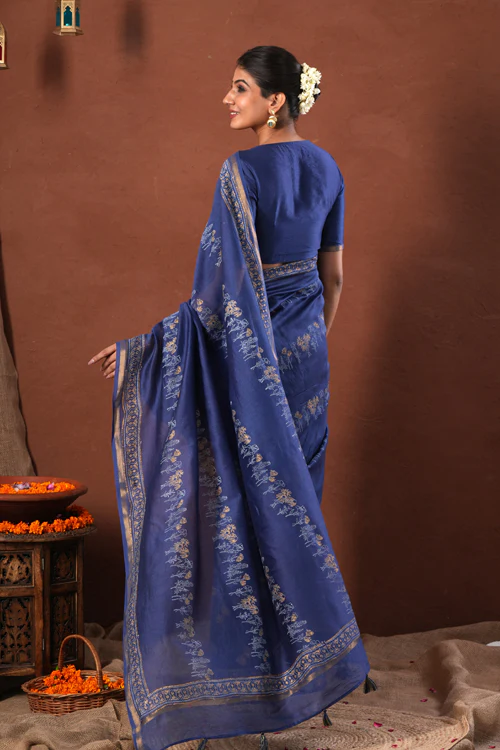 Sooti Syahi ' Golden Azure' Hand Block Printed Chanderi Silk Saree - Image 10