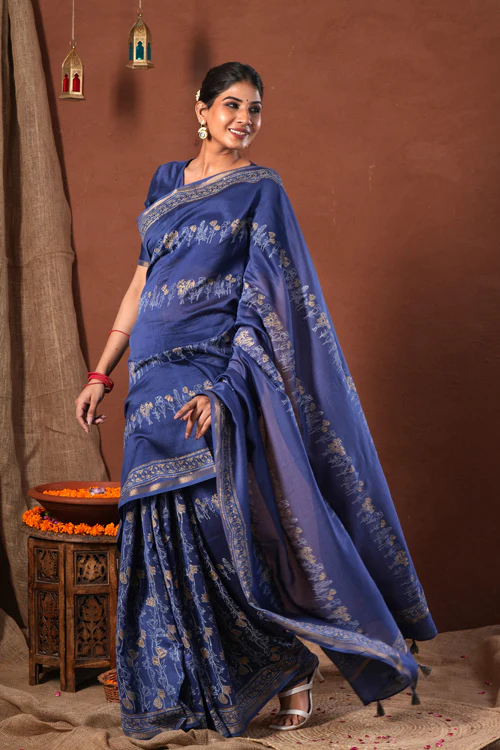 Sooti Syahi ' Golden Azure' Hand Block Printed Chanderi Silk Saree - Image 3