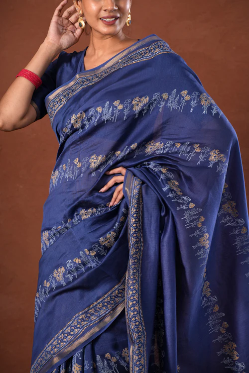 Sooti Syahi ' Golden Azure' Hand Block Printed Chanderi Silk Saree - Image 5