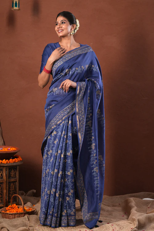 Sooti Syahi ' Golden Azure' Hand Block Printed Chanderi Silk Saree - Image 6