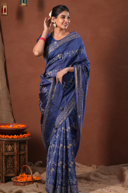 Sooti Syahi ' Golden Azure' Hand Block Printed Chanderi Silk Saree - Image 9