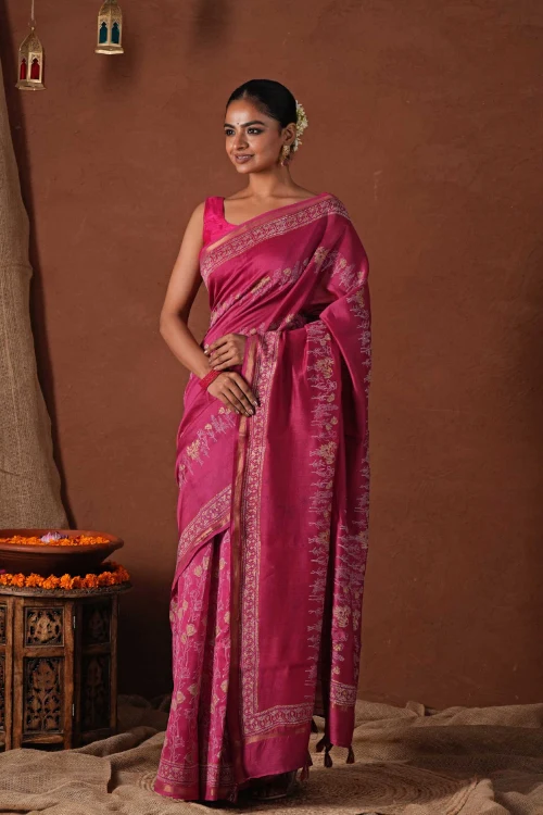 Sooti Syahi ' Golden Dawn' Hand Block Printed Chanderi Silk Saree