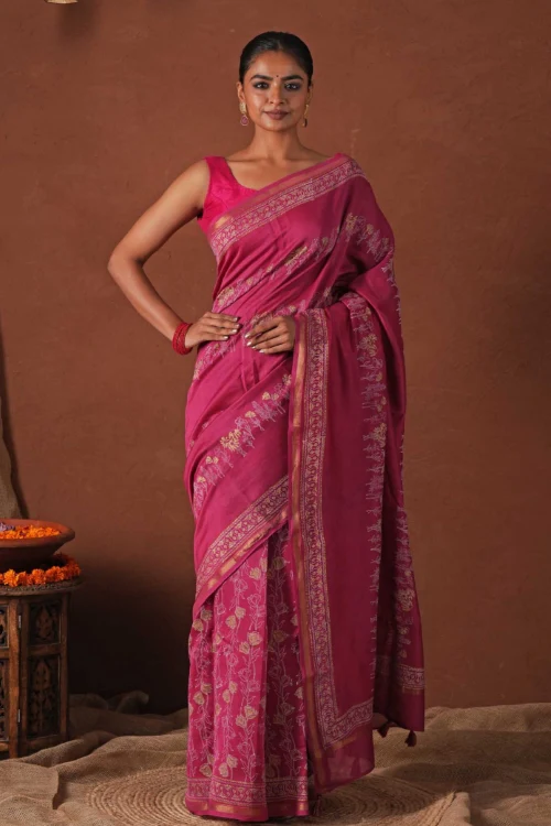 Sooti Syahi ' Golden Dawn' Hand Block Printed Chanderi Silk Saree - Image 10