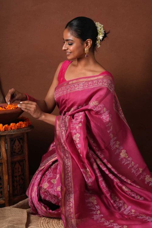 Sooti Syahi ' Golden Dawn' Hand Block Printed Chanderi Silk Saree - Image 2
