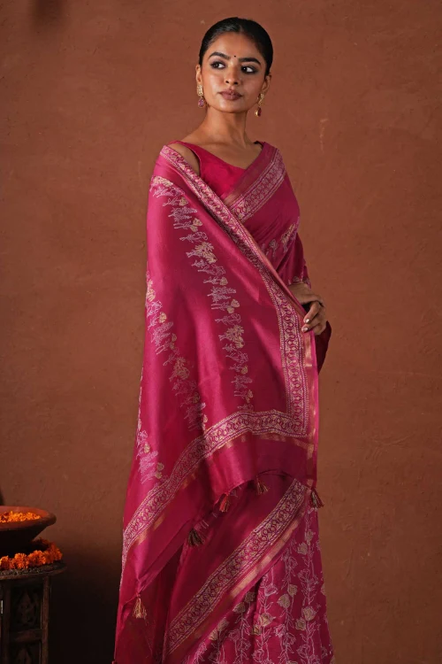 Sooti Syahi ' Golden Dawn' Hand Block Printed Chanderi Silk Saree - Image 5