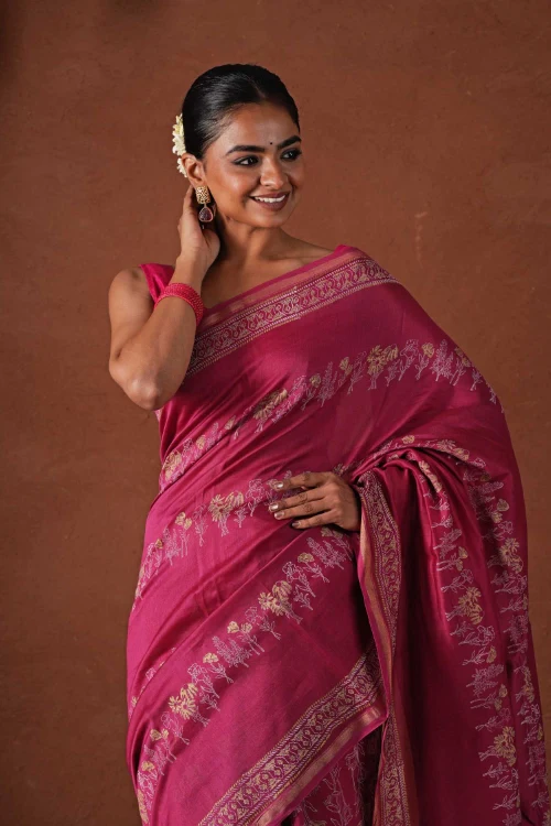Sooti Syahi ' Golden Dawn' Hand Block Printed Chanderi Silk Saree - Image 6
