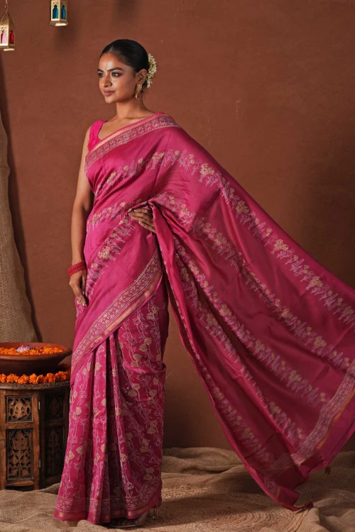 Sooti Syahi ' Golden Dawn' Hand Block Printed Chanderi Silk Saree - Image 7