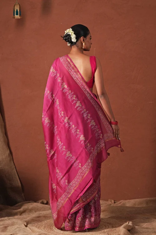 Sooti Syahi ' Golden Dawn' Hand Block Printed Chanderi Silk Saree - Image 8