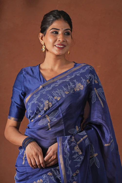 Sooti Syahi ' Golden Ocean' Hand Block Printed Chanderi Silk Saree - Image 2