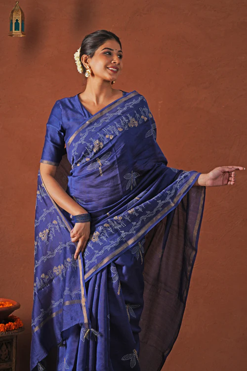 Sooti Syahi ' Golden Ocean' Hand Block Printed Chanderi Silk Saree - Image 3
