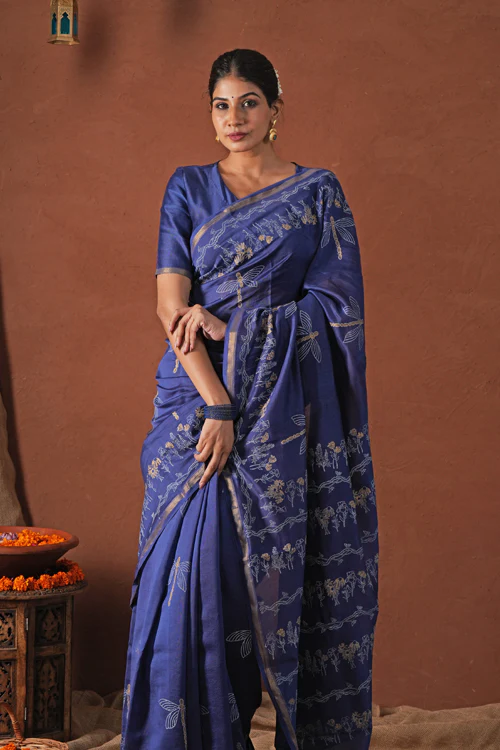 Sooti Syahi ' Golden Ocean' Hand Block Printed Chanderi Silk Saree - Image 4