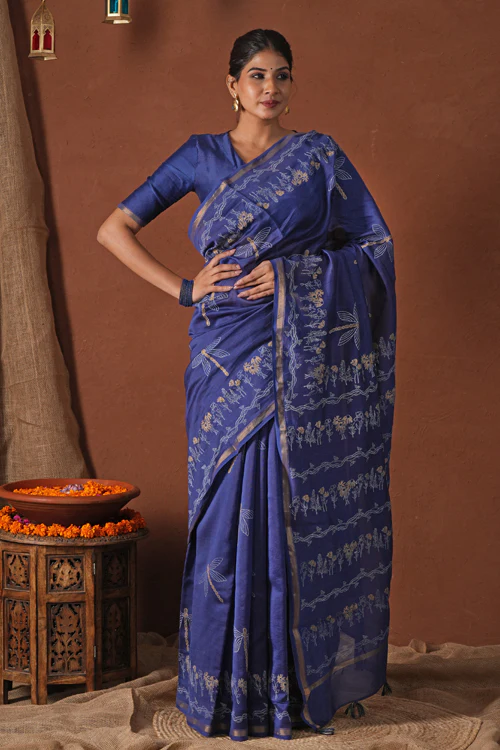 Sooti Syahi ' Golden Ocean' Hand Block Printed Chanderi Silk Saree - Image 6