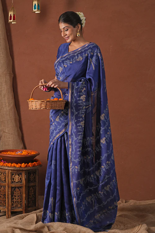 Sooti Syahi ' Golden Ocean' Hand Block Printed Chanderi Silk Saree - Image 7