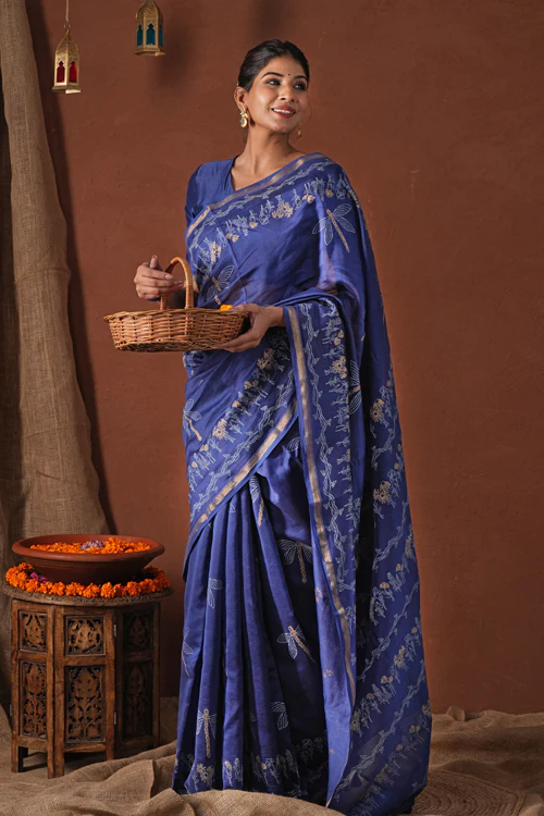 Sooti Syahi ' Golden Ocean' Hand Block Printed Chanderi Silk Saree - Image 8