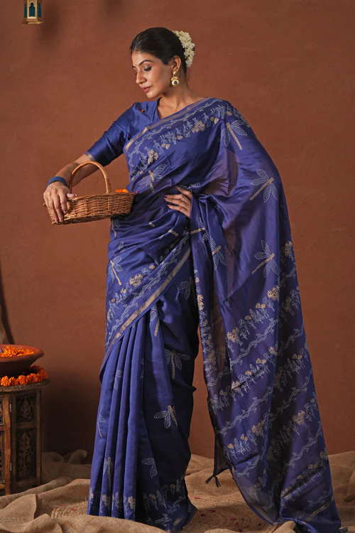 Sooti Syahi ' Golden Ocean' Hand Block Printed Chanderi Silk Saree - Image 9