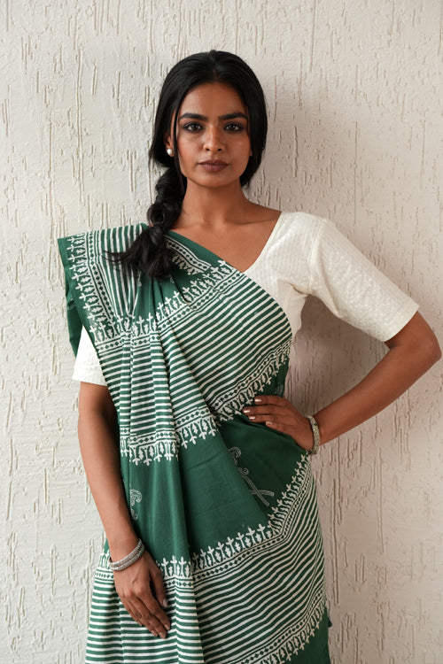 Sooti Syahi ' Heritage Aura' Hand Block Mul Cotton Saree - Image 2