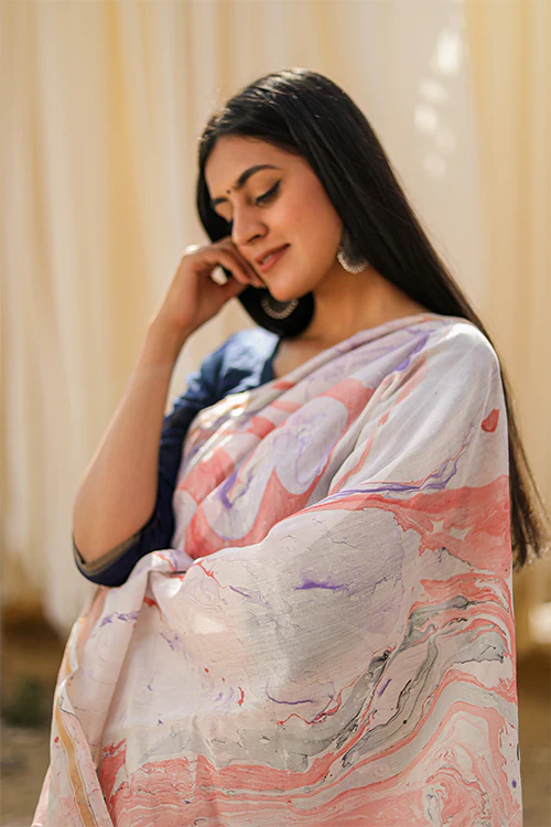 Sooti Syahi Ittar ke Jhonke : Hand Marble Printed Chanderi Silk Saree - Image 6