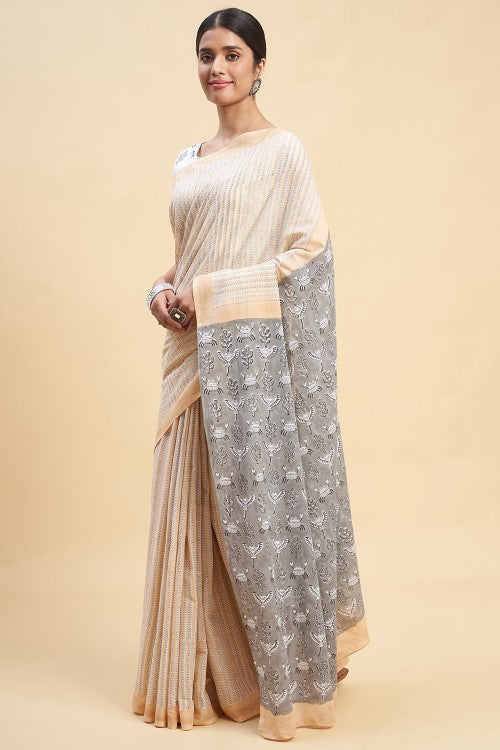 Sooti Syahi "King Crabs Gray" Handblock Print Mul Cotton Saree - Image 2